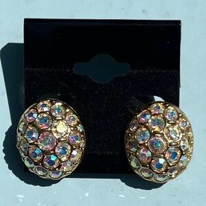 Vintage Swarovski Aurora Borealis Gold Tone Clip-On Earrings Dome Cluster